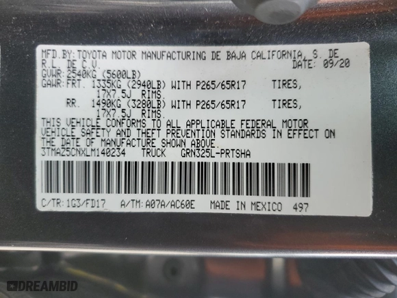 2020 Toyota Tacoma 2WD SR5 with VIN 3TMAZ5CNXLM140234, listed as a Copart auction lot 48166485 with 26,195 mi miles and Salvage Title. Bid and sale history available at carsss.com. Image 12.