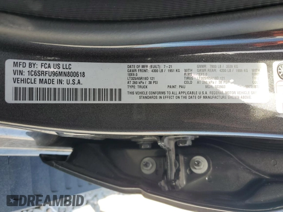 2021 Ram 1500 TRX with VIN 1C6SRFU96MN800618, listed as a Copart auction lot 51782905 with 43,585 mi miles and Salvage title. Bid and sale history available at DreamBid. Image 13.