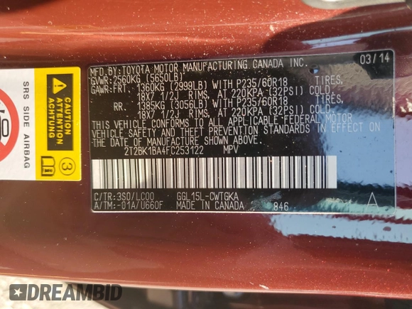 2015 Lexus RX 350 with VIN 2T2BK1BA4FC253122, listed as a Copart auction lot 60499695 with 161,686 mi miles and Salvage title. Bid and sale history available at DreamBid. Image 14.