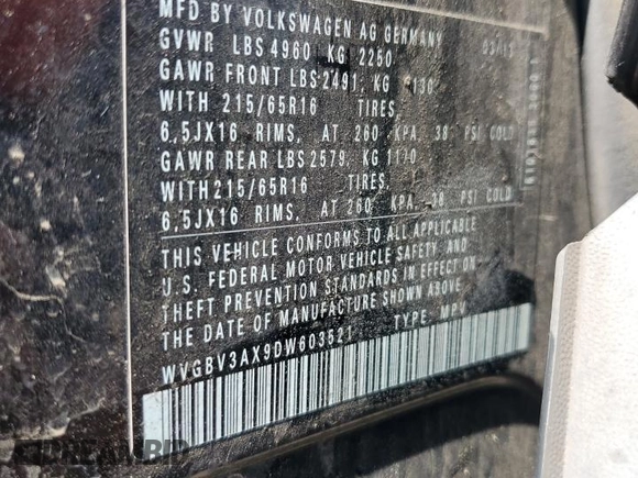 2013 Volkswagen Tiguan SE z VIN WVGBV3AX9DW603521, wystawiony jako Copart lot #59406465 z przebiegiem 133 647 mil mil oraz Szkoda całkowita • Salvage title. Historia ofert i sprzedaży dostępna na DreamBid. Obrazek 12.
