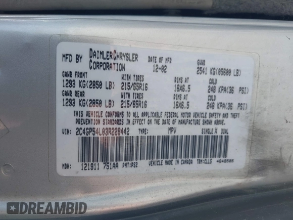 2003 Chrysler Town & Country LXi with VIN 2C4GP54L03R228442, listed as a IAAI auction lot 41886110 with 169,736 mi miles. Bid and sale history available at carsss.com. Image 9.