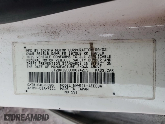 2003 Toyota Prius with VIN JT2BK12U330074213, listed as a Copart auction lot 85339974 with 145,761 mi miles and Salvage Title. Bid and sale history available at carsss.com. Image 12.