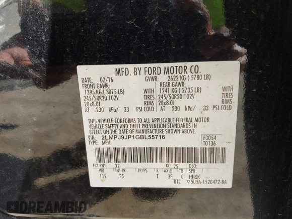 2016 Lincoln MKX Black Label with VIN 2LMPJ9JP1GBL55716, listed as a IAAI auction lot 42002075 with 85,200 mi miles. Bid and sale history available at carsss.com. Image 9.