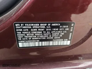 2013 Volkswagen Passat SE with VIN 1VWBP7A32DC084183, listed as a Copart auction lot 88005955 with 184,971 mi miles and Salvage Title. Bid and sale history available at carsss.com. Image 12.