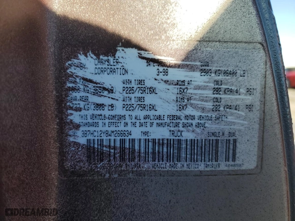 1998 Dodge Ram 1500 with VIN 3B7HC12Y8WM266634, listed as a Copart auction lot 88629685 with 0 mi miles and Salvage Title. Bid and sale history available at carsss.com. Image 14.