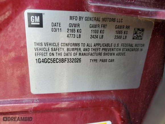 2011 Buick LaCrosse CXL with VIN 1G4GC5EC8BF332026, listed as a Copart auction lot 50700395 with 101,077 mi miles and Clean Title. Bid and sale history available at carsss.com. Image 12.