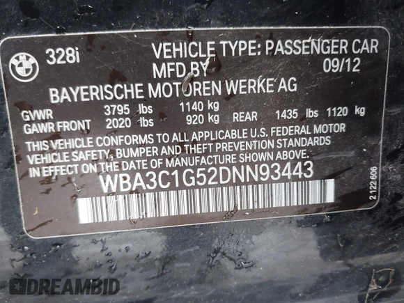 2013 BMW 3 Series 328i with VIN WBA3C1G52DNN93443, listed as a IAAI auction lot 41511247 with 121,254 mi miles and . Bid and sale history available at DreamBid. Image 9.