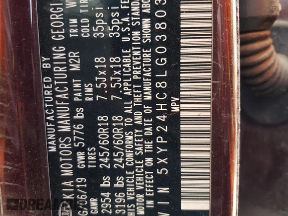 2020 Kia Telluride LX z VIN 5XYP24HC8LG038038, wystawiony jako Copart lot #62649514 z przebiegiem Nie podano mil oraz Szkoda całkowita • Salvage title. Historia ofert i sprzedaży dostępna na DreamBid. Obrazek 14.