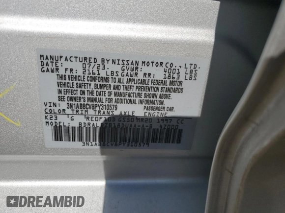 2023 Nissan Sentra SV z VIN 3N1AB8CV8PY310579, wystawiony jako Copart lot #52317515 z przebiegiem 12 404 mil mil oraz Szkoda całkowita • Salvage title. Historia ofert i sprzedaży dostępna na DreamBid. Obrazek 13.