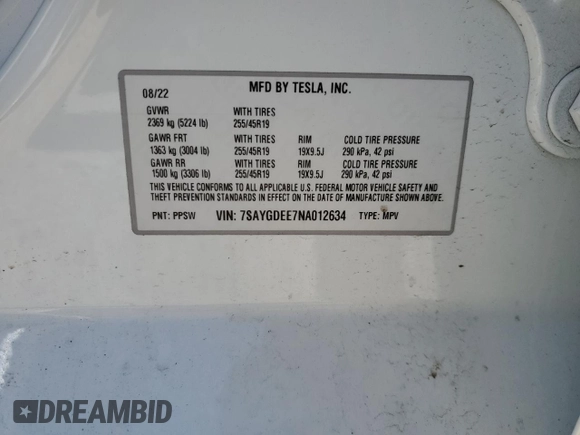2022 Tesla Model Y Long Range with VIN 7SAYGDEE7NA012634, listed as a Copart auction lot 49206295 with 19,267 mi miles and Clean Title. Bid and sale history available at DreamBid. Image 12.