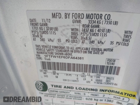 2013 Ford F-150 XL z VIN 1FTFW1EF6DFA64381, wystawiony jako IAAI lot #42159695 z przebiegiem 218 330 mil mil oraz . Historia ofert i sprzedaży dostępna na DreamBid. Obrazek 9.