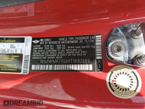 2009 MINI Hardtop S with VIN WMWMF73569TW82889, listed as a Copart auction lot 55630165 with 128,360 mi miles and Clean Title. Bid and sale history available at DreamBid. Image 12.