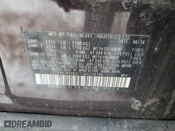 2017 Subaru Outback Touring with VIN 4S4BSETC0H3209198, listed as a Copart auction lot 44731005 with 56,860 mi miles and Salvage title. Bid and sale history available at DreamBid. Image 13.
