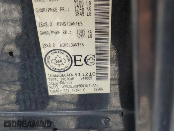 2015 Nissan Titan SL with VIN 1N6AA0EC4FN511210, listed as a Copart auction lot 58762265 with 89,561 mi miles and Clean title. Bid and sale history available at DreamBid. Image 12.