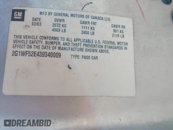 2003 Chevrolet Impala with VIN 2G1WF52E439340009, listed as a IAAI auction lot 42127046 with 217,697 mi miles and . Bid and sale history available at DreamBid. Image 9.