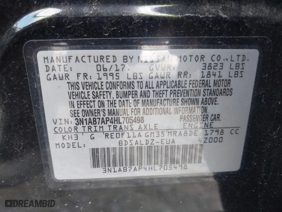 2017 Nissan Sentra SV with VIN 3N1AB7AP4HL705498, listed as a IAAI auction lot 41748010 with 120,126 mi miles. Bid and sale history available at carsss.com. Image 9.