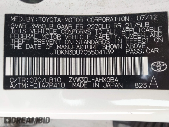 2012 Toyota Prius One with VIN JTDKN3DU7C5504139, listed as a IAAI auction lot 42110798 with 121,227 mi miles and . Bid and sale history available at DreamBid. Image 9.