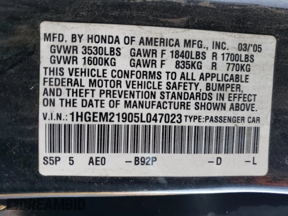 2005 Honda Civic EX with VIN 1HGEM21905L047023, listed as a Copart auction lot 43710225 with 176,419 mi miles and Salvage Title. Bid and sale history available at carsss.com. Image 12.