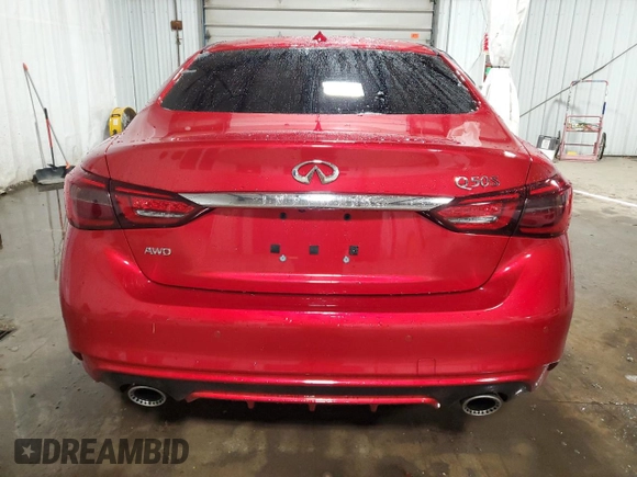 2020 Infiniti Q50 Red Sport 400 with VIN JN1FV7AR7LM660179, listed as a Copart auction lot 89016435 with 33,500 mi miles and Salvage Title. Bid and sale history available at carsss.com. Image 6.