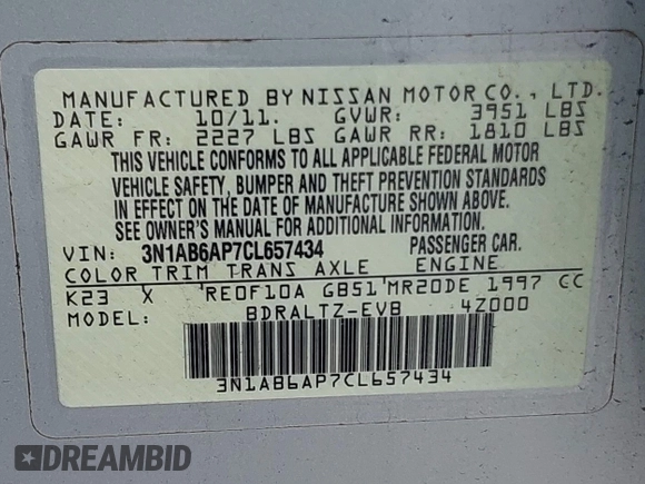 2012 Nissan Sentra S z VIN 3N1AB6AP7CL657434, wystawiony jako IAAI lot #42728376 z przebiegiem 150 930 mil mil oraz . Historia ofert i sprzedaży dostępna na DreamBid. Obrazek 9.