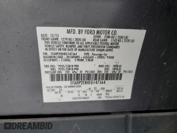 2014 Ford Taurus SEL with VIN 1FAHP2E84EG147564, listed as a Copart auction lot 52982725 with 65,871 mi miles and Salvage Title. Bid and sale history available at carsss.com. Image 14.