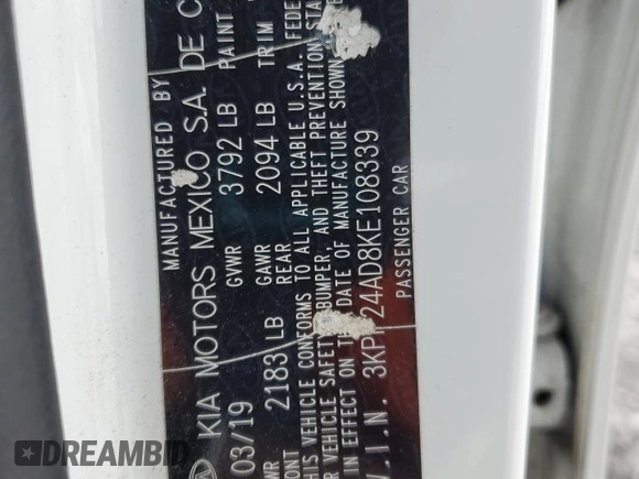 2019 Kia Forte LXS with VIN 3KPF24AD8KE108339, listed as a Copart auction lot 51858635 with 79,055 mi miles and Salvage Title. Bid and sale history available at carsss.com. Image 12.