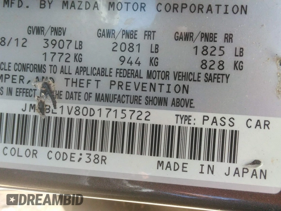 2013 Mazda 3 i Touring z VIN JM1BL1V80D1715722, wystawiony jako IAAI lot #42508346 z przebiegiem 107 754 mil mil oraz . Historia ofert i sprzedaży dostępna na DreamBid. Obrazek 9.