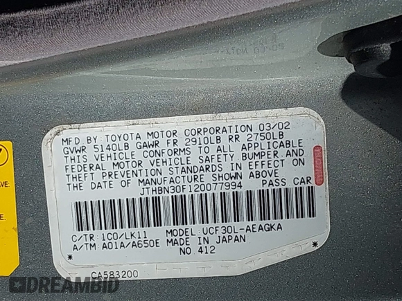 2002 Lexus LS 430 with VIN JTHBN30F120077994, listed as a IAAI auction lot 41824869 with 195,406 mi miles. Bid and sale history available at carsss.com. Image 9.