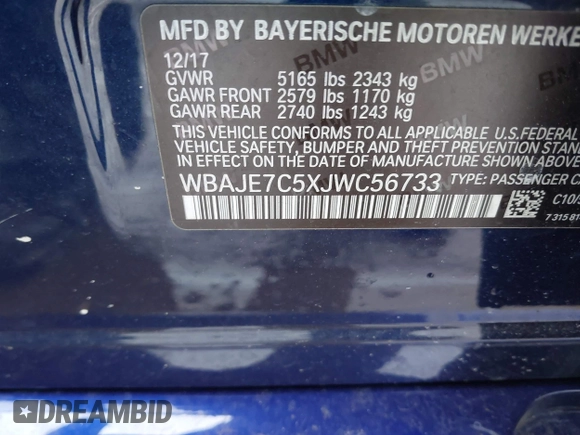 2018 BMW 5 Series 540i xDrive with VIN WBAJE7C5XJWC56733, listed as a IAAI auction lot 41558451 with 67,460 mi miles and . Bid and sale history available at DreamBid. Image 9.