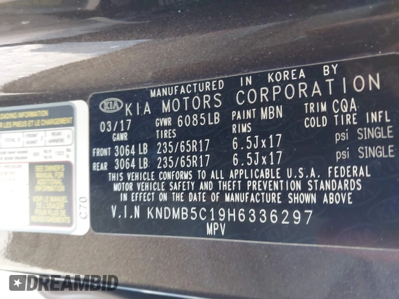 2017 Kia Sedona LX with VIN KNDMB5C19H6336297, listed as a IAAI auction lot 41396475 with Not Provided miles and . Bid and sale history available at DreamBid. Image 9.
