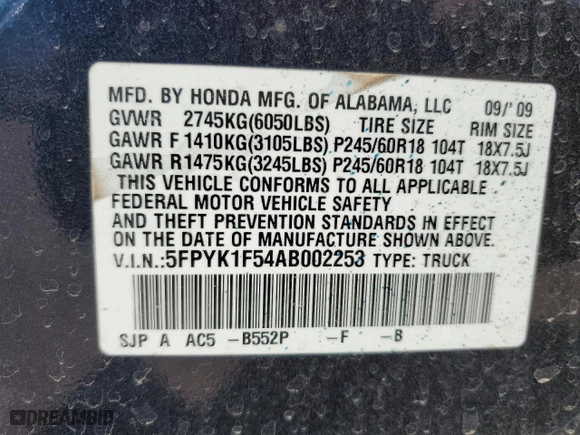 2010 Honda Ridgeline RTL with VIN 5FPYK1F54AB002253, listed as a Copart auction lot 49992265 with 192,841 mi miles and Salvage Title. Bid and sale history available at carsss.com. Image 15.