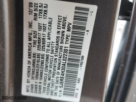 2010 Honda CR-V LX with VIN 5J6RE4H30AL022301, listed as a Copart auction lot 52965945 with 296,178 mi miles and Salvage Title. Bid and sale history available at carsss.com. Image 15.