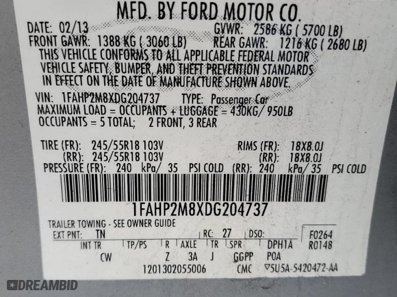 2013 Ford Sedan Police Interceptor with VIN 1FAHP2M8XDG204737, listed as a Copart auction lot 48014935 with 168,039 mi miles and Clean Title. Bid and sale history available at carsss.com. Image 13.