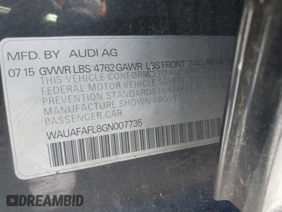 2016 Audi A4 Premium with VIN WAUAFAFL8GN007735, listed as a IAAI auction lot 42090145 with 200,616 mi miles. Bid and sale history available at carsss.com. Image 9.
