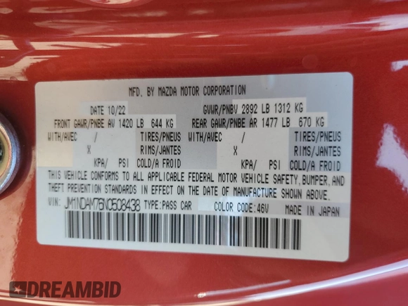 2022 Mazda MX-5 Miata Grand Touring z VIN JM1NDAM76N0508438, wystawiony jako Copart lot #49094685 z przebiegiem 19 201 mil mil oraz Szkoda całkowita • Salvage title. Historia ofert i sprzedaży dostępna na DreamBid. Obrazek 12.