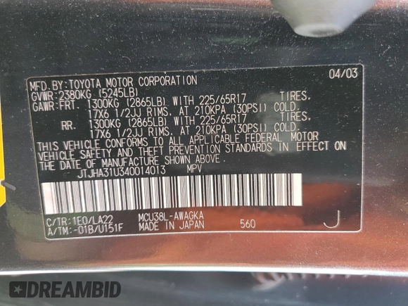 2004 Lexus RX 330 with VIN JTJHA31U340014013, listed as a Copart auction lot 54172745 with 90,430 mi miles and Salvage Title. Bid and sale history available at DreamBid. Image 13.