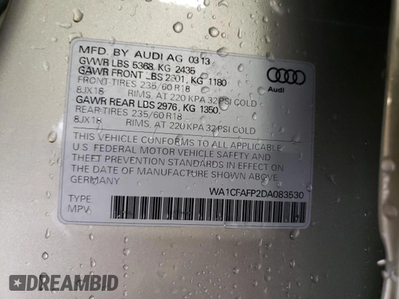 2013 Audi Q5 Premium с VIN WA1CFAFP2DA083530, выставлен на аукционе Copart как лот 46661445 с пробегом 147 203 миль миль и Списание • Salvage title. История ставок и продаж доступна на DreamBid. Изображение 12.