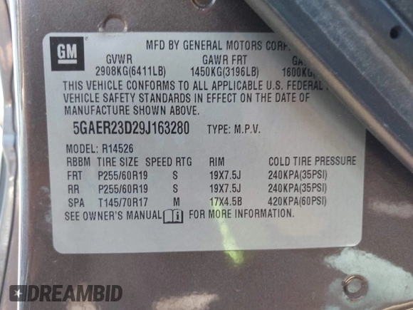 2009 Buick Enclave CXL with VIN 5GAER23D29J163280, listed as a IAAI auction lot 42052041 with 137,759 mi miles and . Bid and sale history available at DreamBid. Image 9.