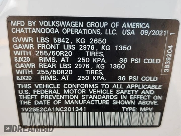 2022 Volkswagen Atlas SEL R-Line z VIN 1V2SE2CA1NC201341, wystawiony jako Copart lot #64889124 z przebiegiem 44 939 mil mil oraz Szkoda całkowita • Salvage title. Historia ofert i sprzedaży dostępna na DreamBid. Obrazek 12.