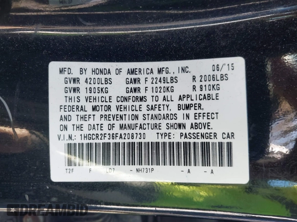 2015 Honda Accord Sedan LX with VIN 1HGCR2F36FA208730, listed as a IAAI auction lot 41679305 with Not Provided miles. Bid and sale history available at carsss.com. Image 9.