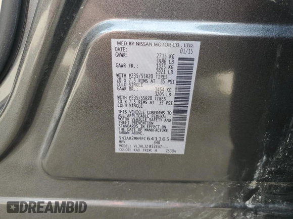 2015 Nissan Pathfinder SL with VIN 5N1AR2MN4FC641165, listed as a Copart auction lot 58033095 with 126,494 mi miles and Salvage title. Bid and sale history available at DreamBid. Image 14.