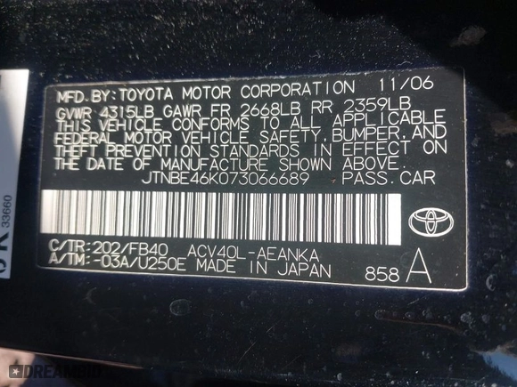 2007 Toyota Camry CE with VIN JTNBE46K073066689, listed as a IAAI auction lot 41311504 with 170,000 mi miles. Bid and sale history available at carsss.com. Image 9.