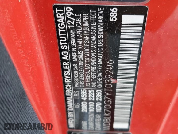 2000 Mercedes-Benz CLK 320/430 z VIN WDBLK70G7YT039206, wystawiony jako Copart lot #53269374 z przebiegiem Nie podano mil oraz Nie do naprawy • Non repairable. Historia ofert i sprzedaży dostępna na DreamBid. Obrazek 13.