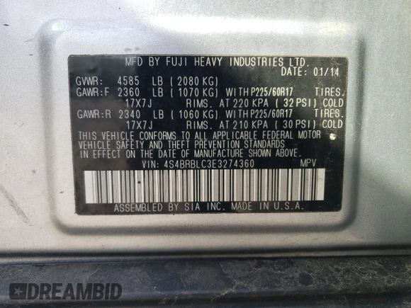 2014 Subaru Outback Limited with VIN 4S4BRBLC3E3274360, listed as a Copart auction lot 54586035 with 176,553 mi miles and Clean Title. Bid and sale history available at DreamBid. Image 14.