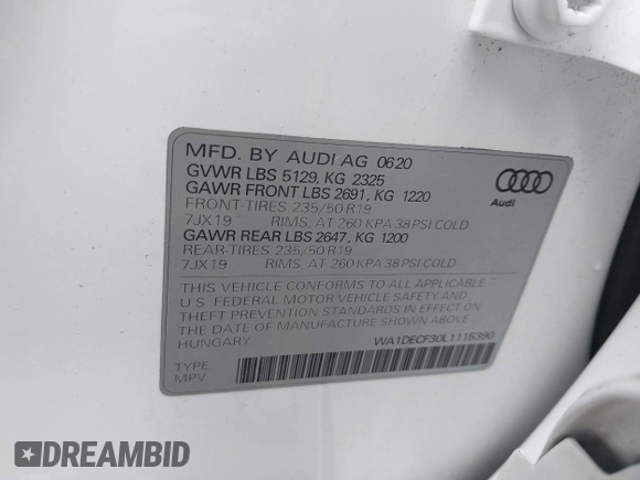 2020 Audi Q3 S line Premium with VIN WA1DECF30L1115390, listed as a IAAI auction lot 42503728 with 18,556 mi miles and . Bid and sale history available at DreamBid. Image 9.