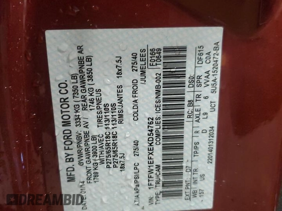 2014 Ford F-150 XL with VIN 1FTFW1EFXEKD54762, listed as a Copart auction lot 56337675 with 244,542 mi miles and Non repairable. Bid and sale history available at DreamBid. Image 12.