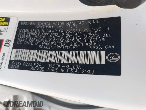 2021 Lexus ES 350 F Sport with VIN 58AGZ1B16MU103457, listed as a IAAI auction lot 42601533 with 86,759 mi miles and . Bid and sale history available at DreamBid. Image 9.