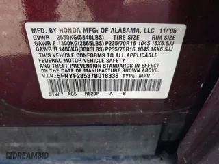 2007 Honda Pilot EX-L with VIN 5FNYF28537B018338, listed as a IAAI auction lot 41870291 with 201,446 mi miles. Bid and sale history available at carsss.com. Image 9.