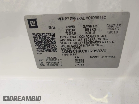 2018 Chevrolet Suburban LT with VIN 1GNSCHKC8JR358781, listed as a IAAI auction lot 40474820 with Not Provided miles and . Bid and sale history available at DreamBid. Image 9.
