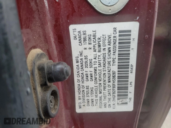 2015 Honda Civic Sedan EX-L with VIN 2HGFB2F90FH538287, listed as a Copart auction lot 46368535 with 0 mi miles and Salvage Title. Bid and sale history available at carsss.com. Image 13.